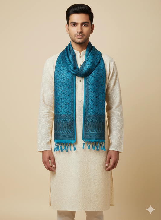 Gifts for Men | Teal Blue Banarasi Silk Weave Stole
