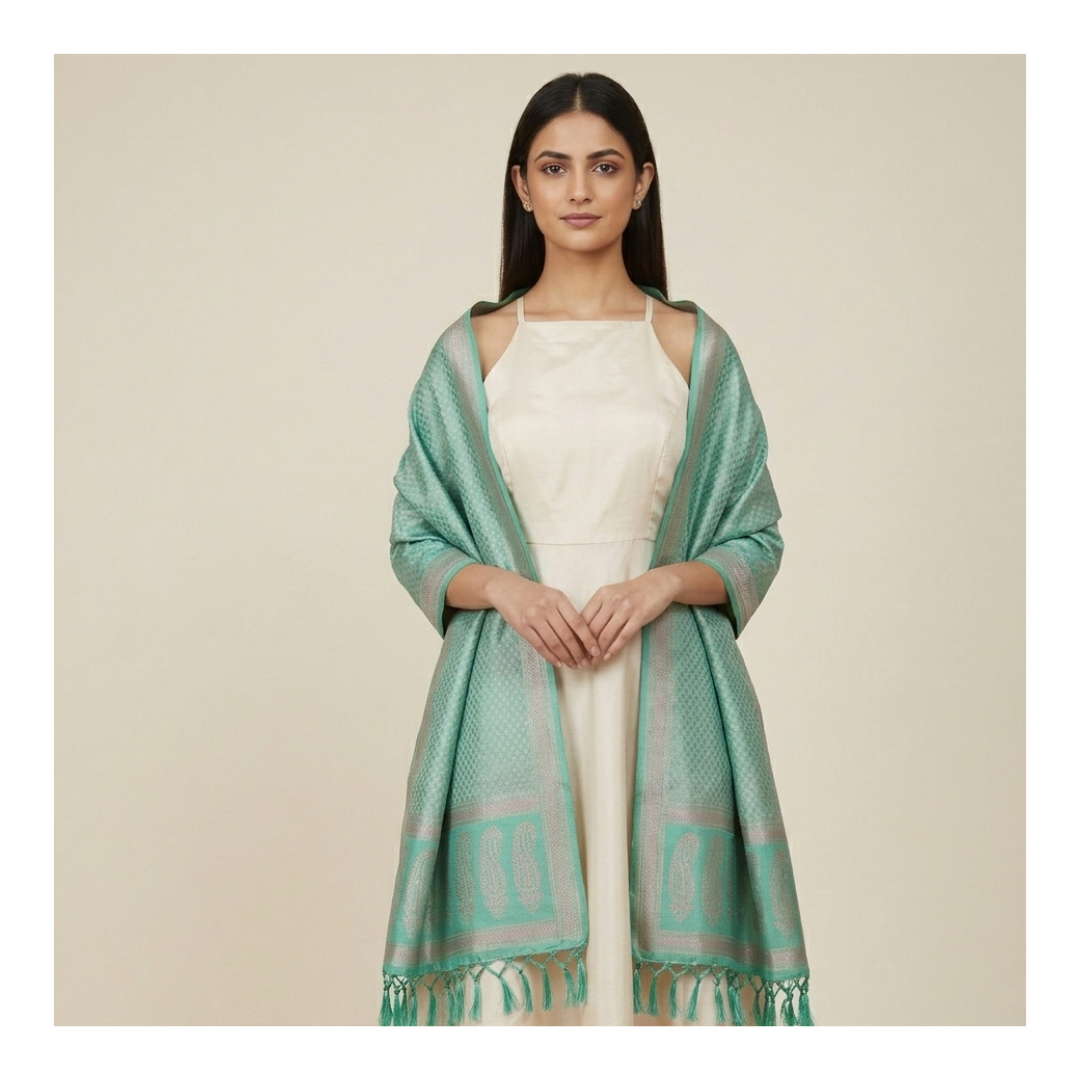 Authentic HANDWOVEN Pure silk banarasi weave stole in mint green