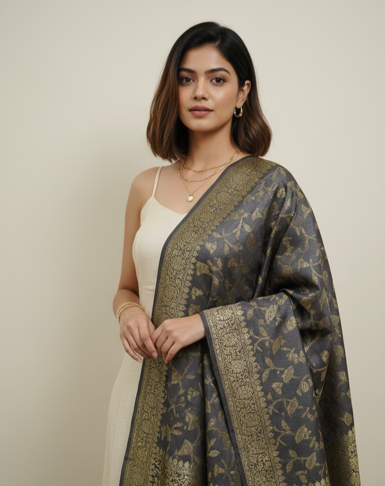Moonlit veil Banarasi pure silk dupatta - fusion indo western styling handwoven in Kashi Banaras