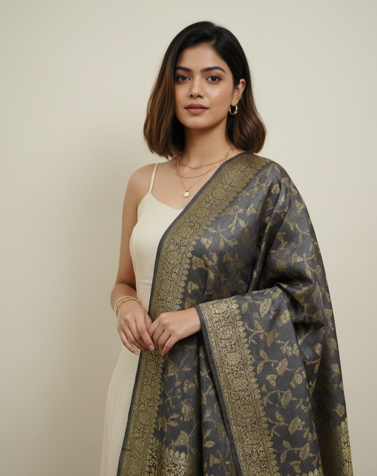 Moonlit veil Banarasi pure silk dupatta - fusion indo western styling handwoven in Kashi Banaras