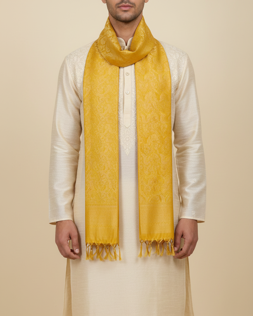 Mustard yellow Banarasi weave silk stole styled with kurta for wedding and Navratri
