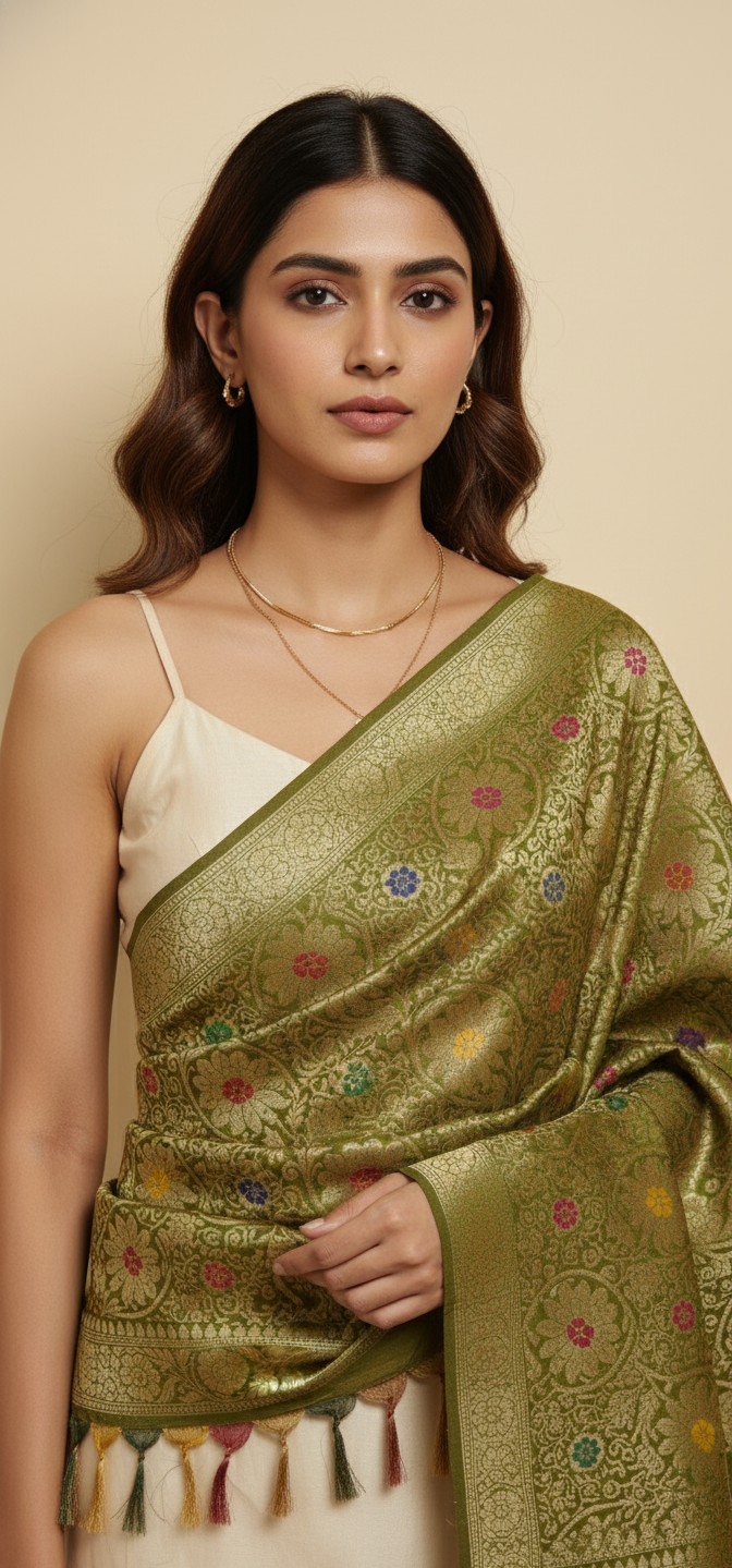 Olive Green Banarasi silk dupatta close up zari detail