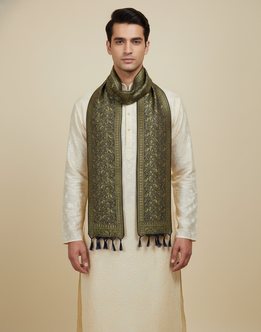 Olive green Banarasi silk stole for men - festive kurta stole handwoven in Kashi Banaras
