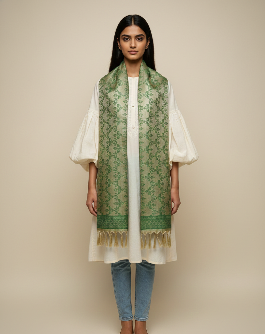 Olive green Banarasi silk stole for women - office wear styling with kurti

