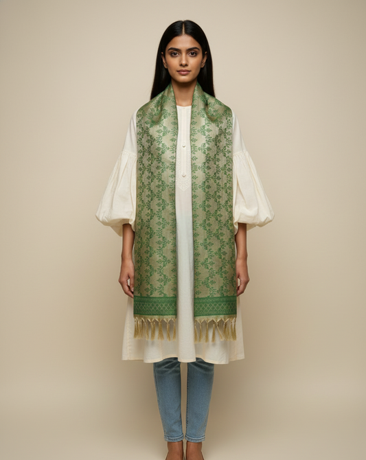 Olive green Banarasi silk stole for women - office wear styling with kurti
