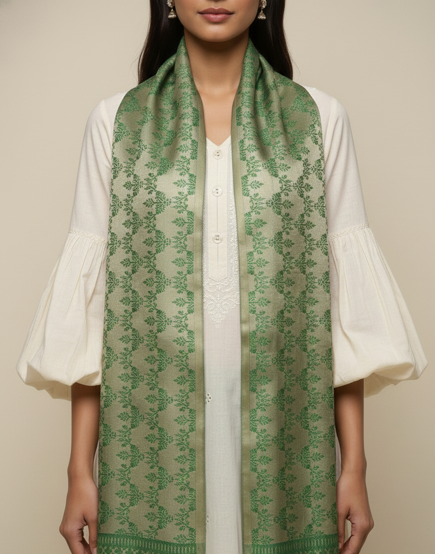 Olive green Banarasi weave silk stole for women - tunic and daily wear
