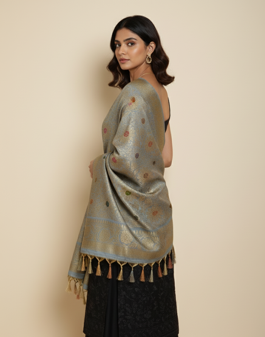 Pastel Blue Banarasi silk dupatta styled with ethnic outfit