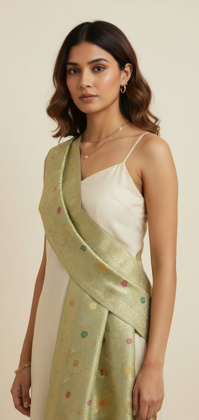 Pastel Green Banarasi silk dupatta close up zari detail