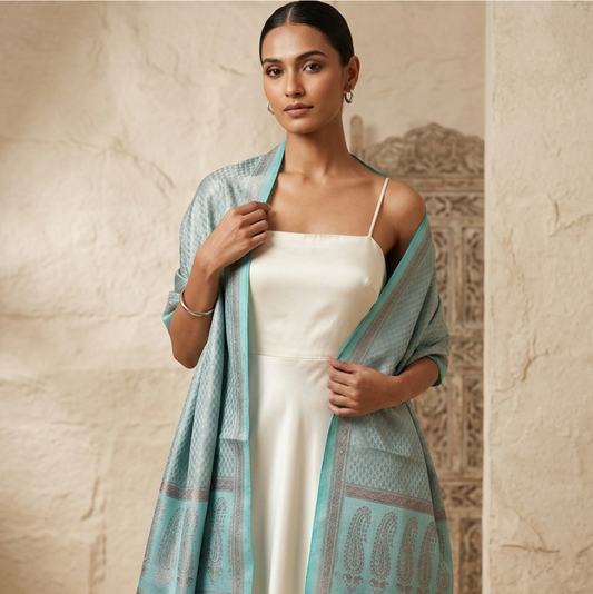Pastel blue Banarasi silk stole – premium Indian gifting wrap