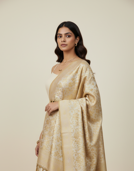 Pearl aura Banarasi pure silk dupatta - contemporary fusion styling handwoven in Kashi Banaras