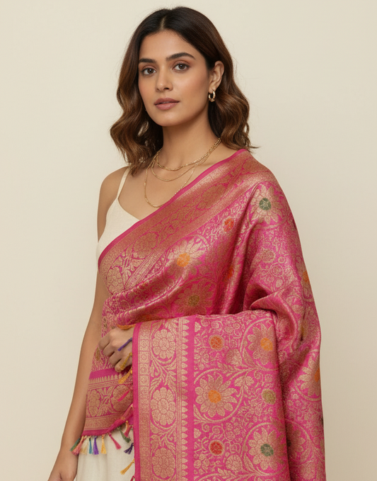 Pink Banarasi silk dupatta with zari work for festive wear
