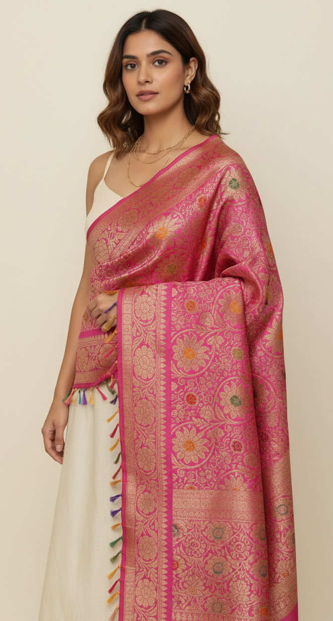 Pink Banarasi weave dupatta handcrafted in Banaras