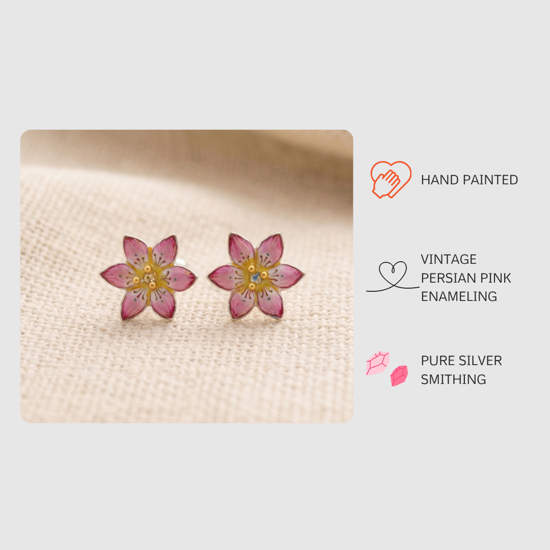 Handcrafted Pure Silver Pink Enamelled Studs | Rare Persian Art