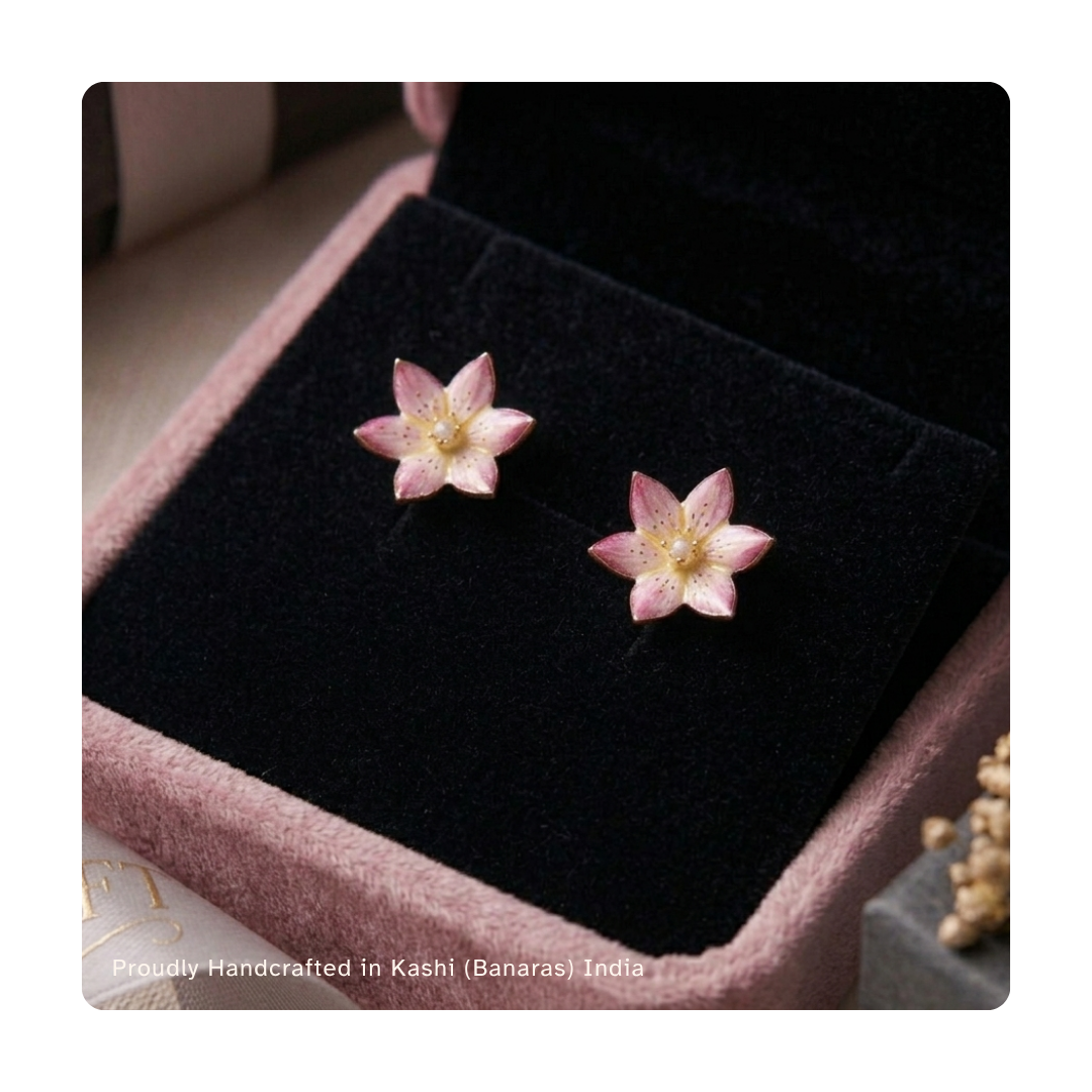 Handcrafted Pure Silver Pink Enamelled Studs | Rare Persian Art