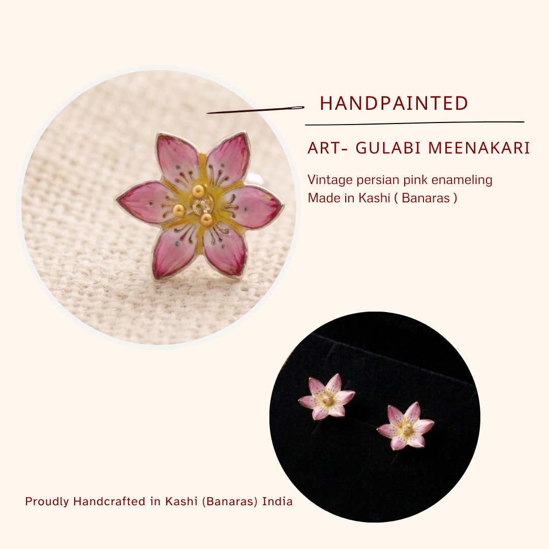 Handcrafted Pure Silver Pink Enamelled Studs | Rare Persian Art