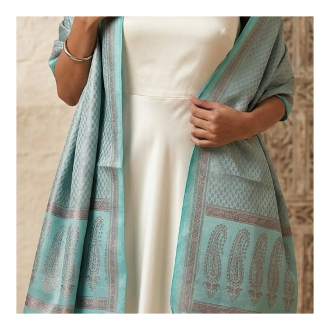 Pure silk Banarasi stole with paisley weave in pastel blue – artisan handloom