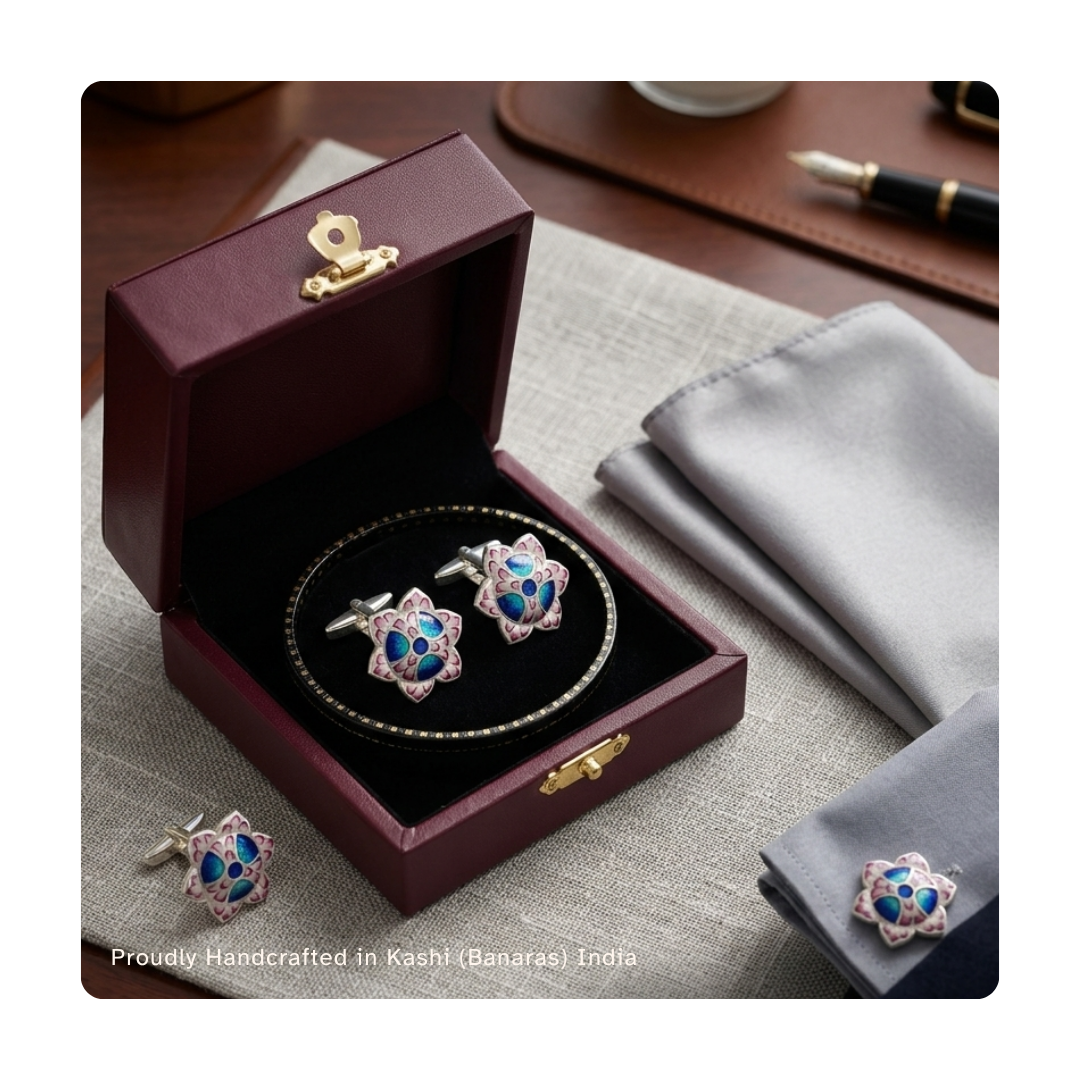 Pure silver Gulabi Meenakari cufflinks gift set for men handcrafted in Varanasi, India | Sparsh of India