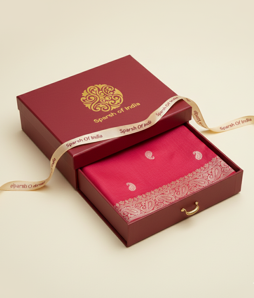 Red Banarasi silk stole with gold zari work handwoven in Banaras
