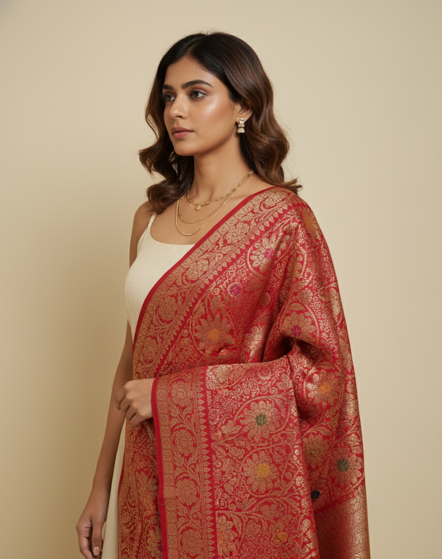 Red Banarasi weave silk dupatta for bridal and festive wear