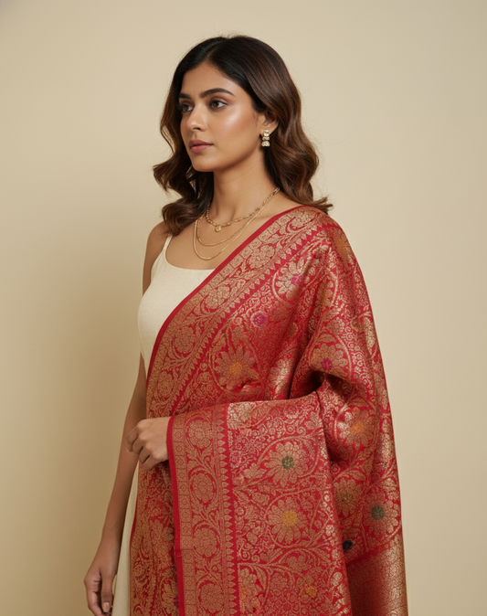 Red Banarasi weave silk dupatta for bridal and festive wear