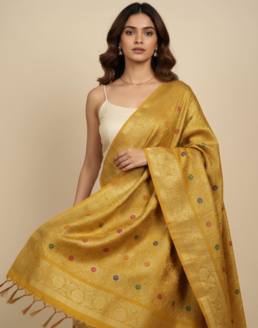 Yellow Banarasi weave silk dupatta styled with ethnic outfit