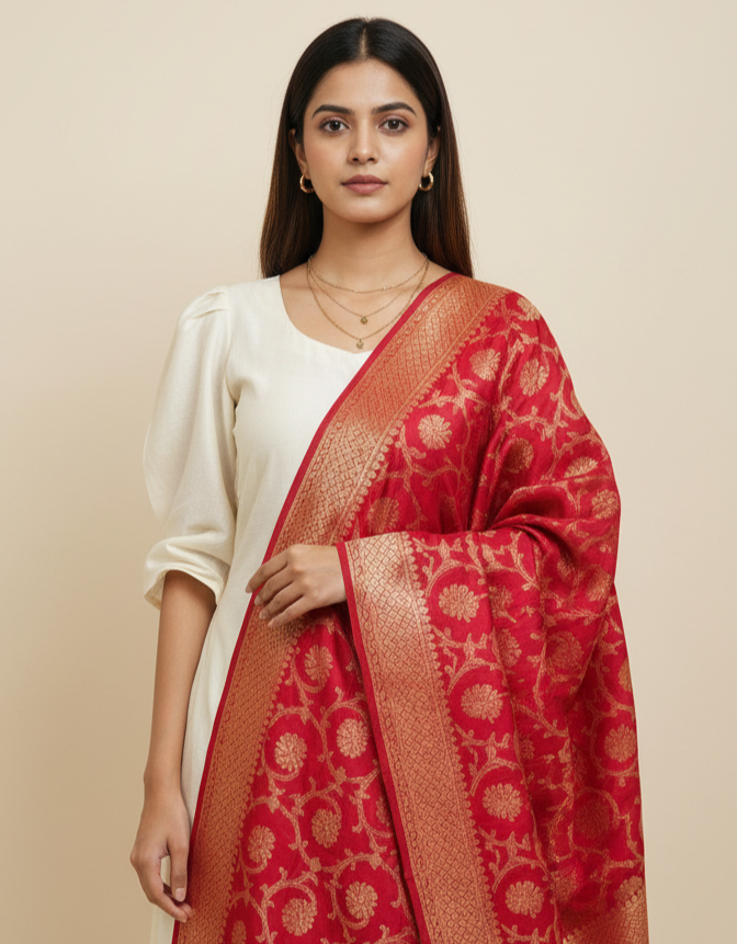 Ruby red Banarasi  silk dupatta - bridal wedding dupatta handwoven in Kashi Banaras
