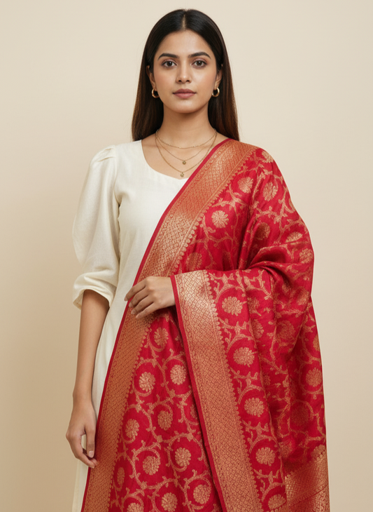 Ruby Radiance Banarasi Weave Silk Dupatta