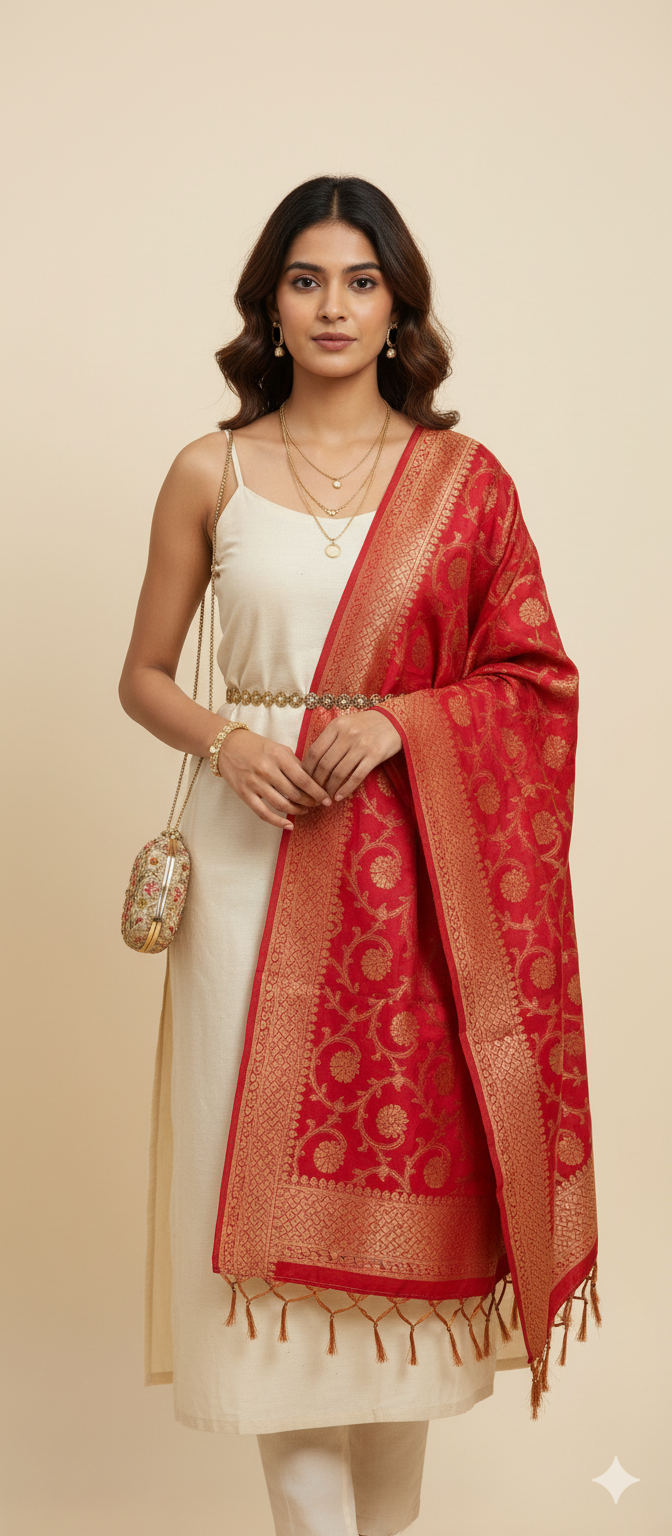 Woman wearing a white outfit with a red patterned dupatta on a beige background