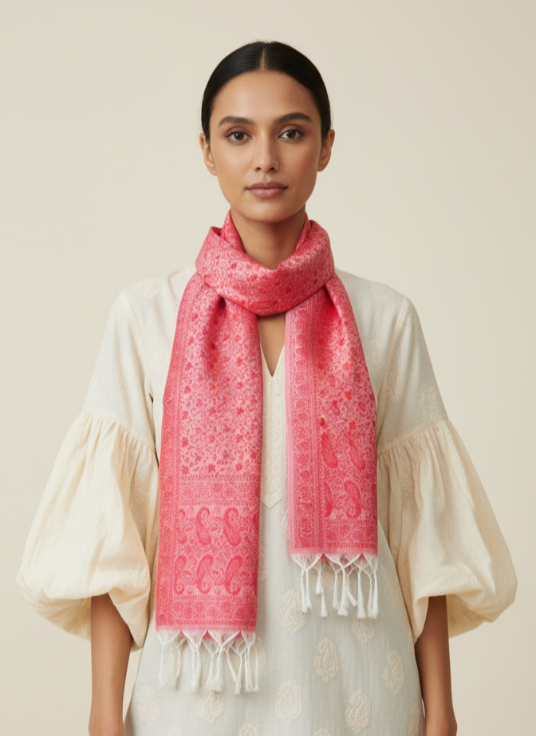 Woman wearing a white kurta with a pink scarf against a beige background