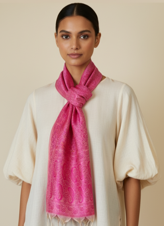 Woman wearing a bright pink scarf and white blouse against a beige background