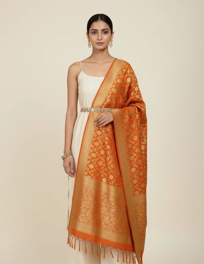 Saffron Banarasi pure silk dupatta - auspicious bridal puja dupatta handwoven in Kashi Banaras
