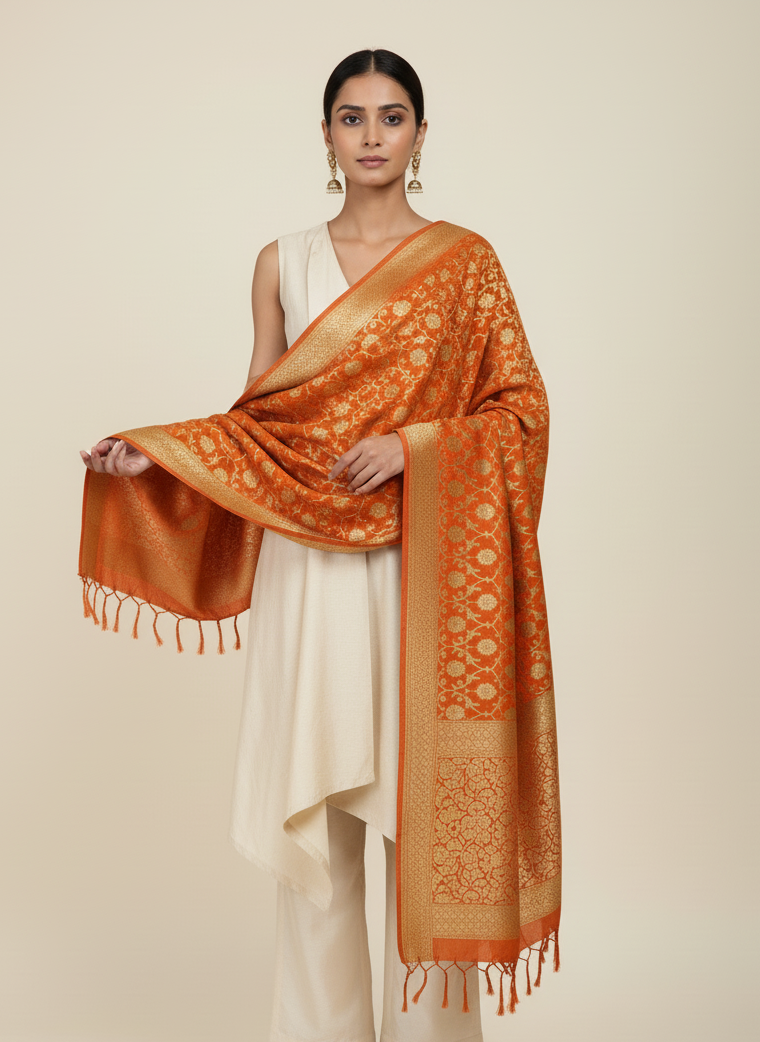 Saffron Banarasi silk dupatta for griha pravesh and satyanarayan puja India
