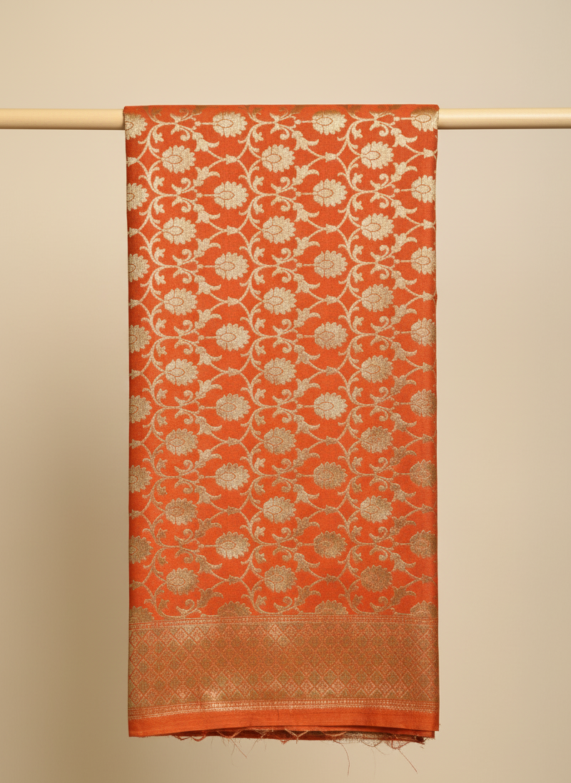 Saffron handwoven Banarasi dupatta - gift for bride India bridal trousseau

