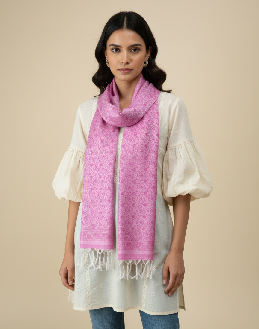 Soft pink Banarasi silk stole for women - daily wear styling with kurti
