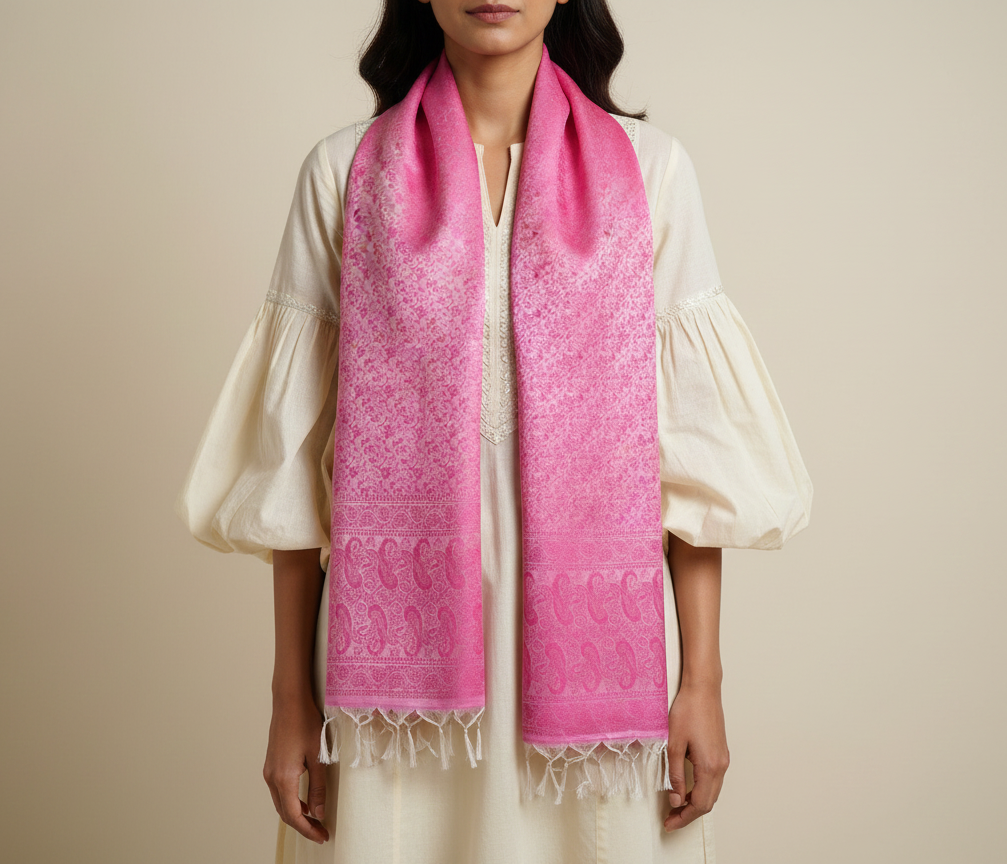 Soft pink Banarasi weave silk stole for women - casual and everyday outfit
