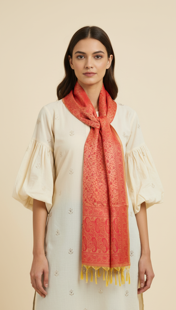 Sunset bliss orange feather silk stole for office wear Sparsh of India