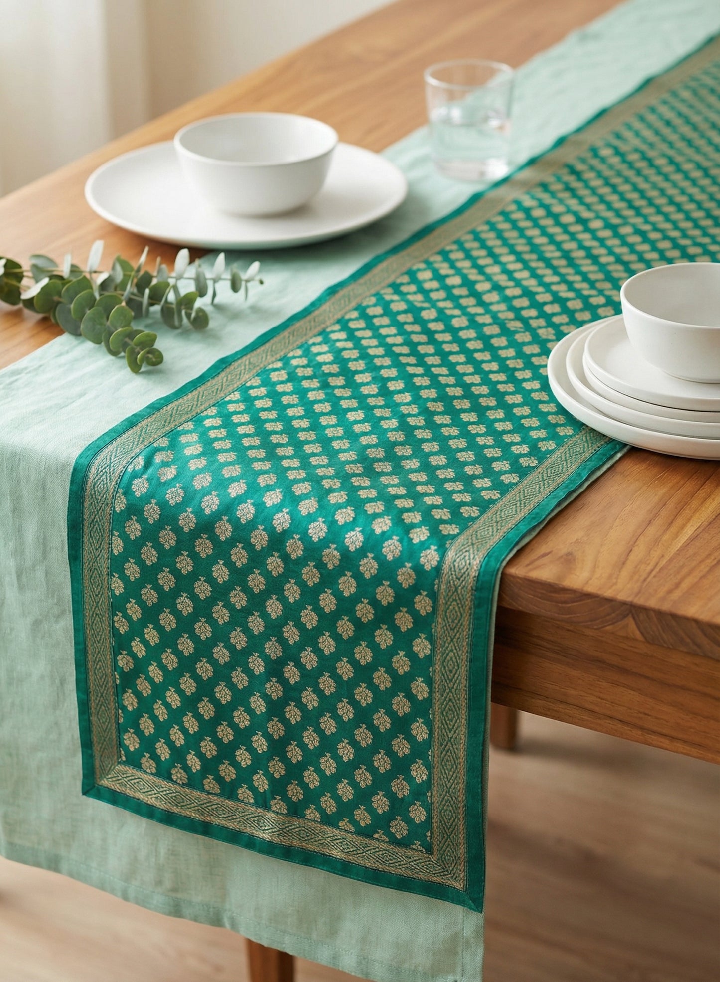 HANDWOVEN silk weave green table runner