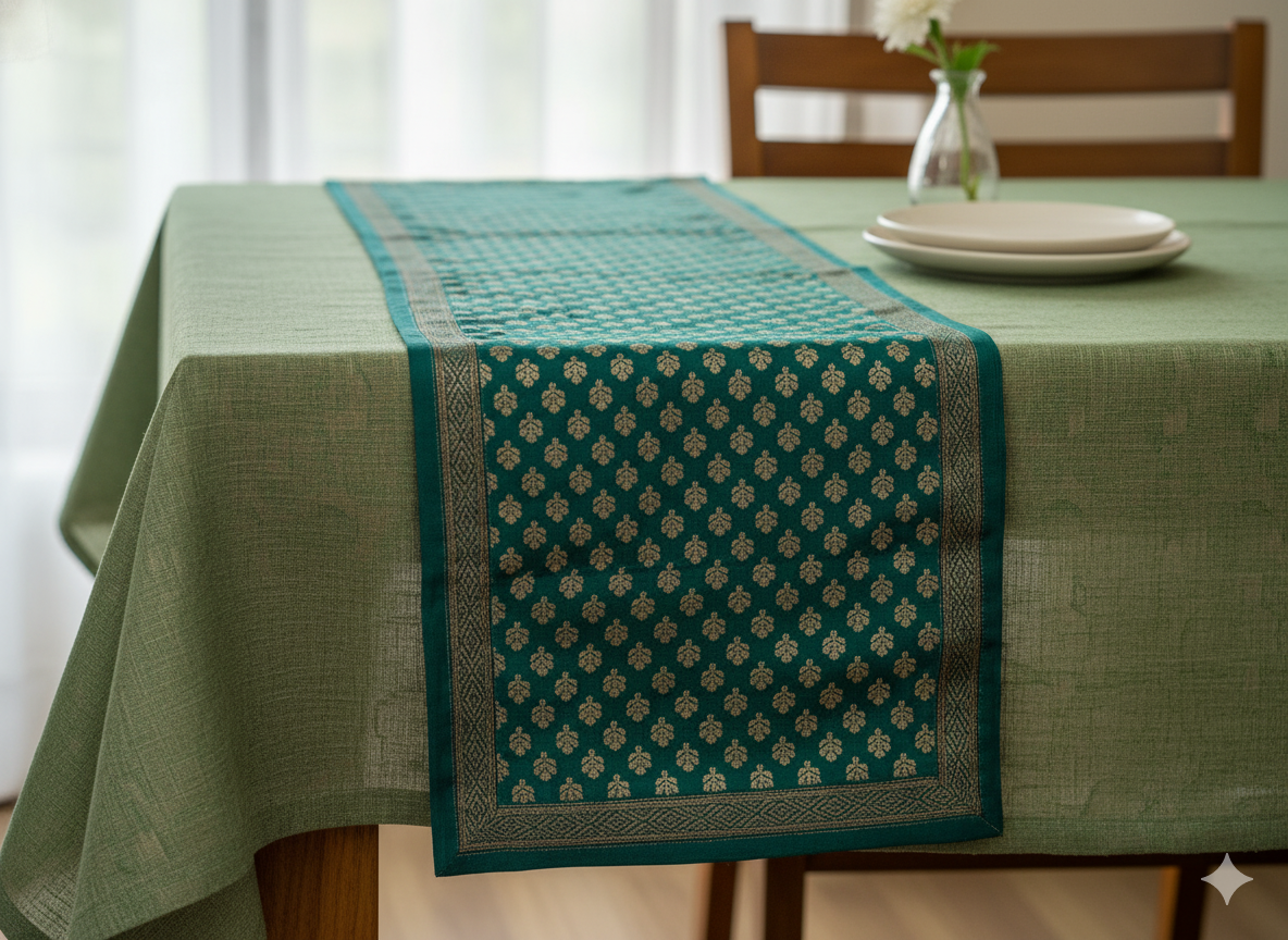 HANDWOVEN silk weave green table runner