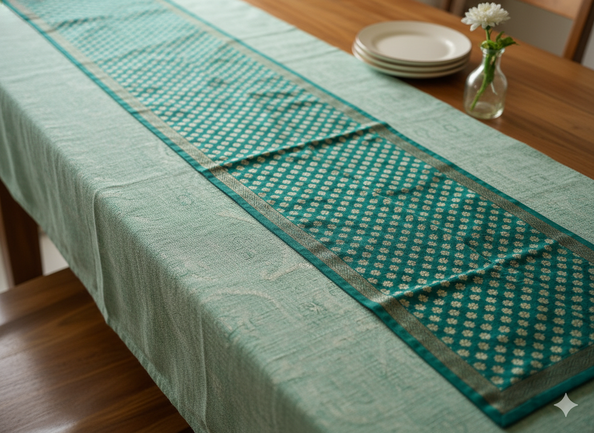 HANDWOVEN silk weave green table runner