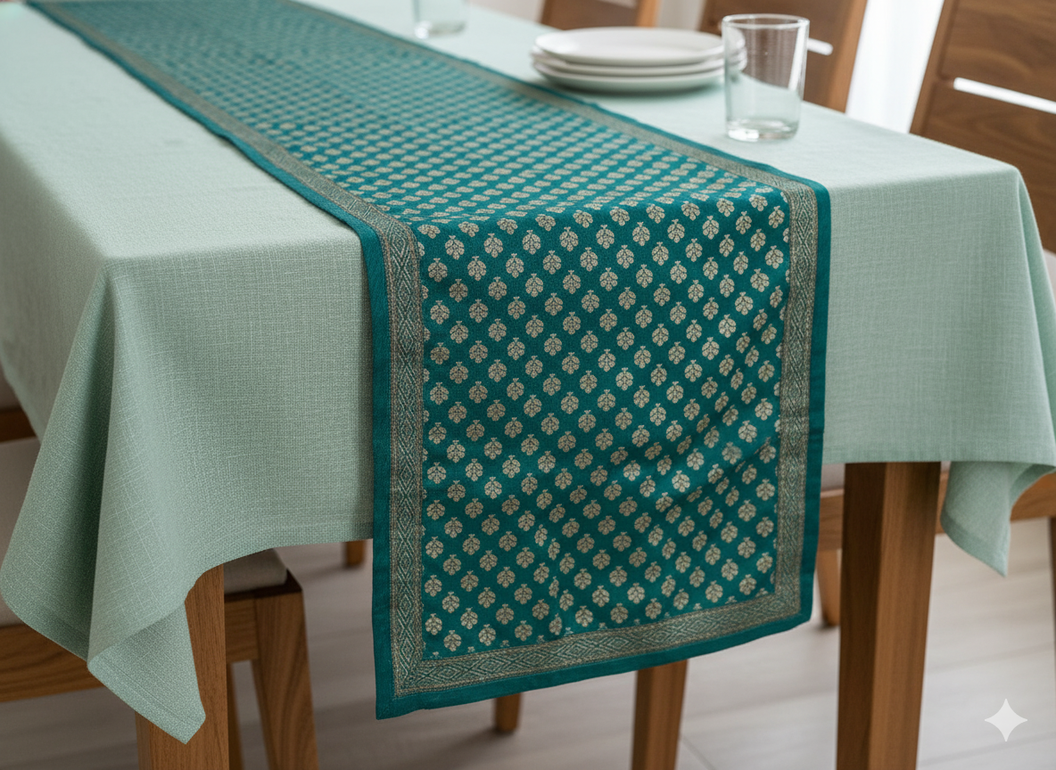 HANDWOVEN silk weave green table runner