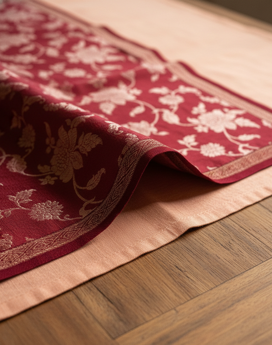 Maroon Handloom Banarasi Silk Table Runner | Luxury Indian Heritage Home Decor