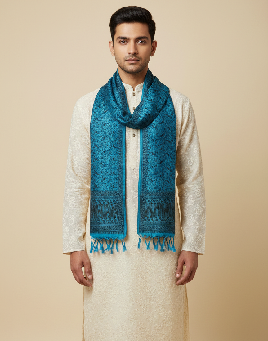 Teal blue Banarasi silk stole for men - festive kurta stole handwoven in Kashi Banaras

