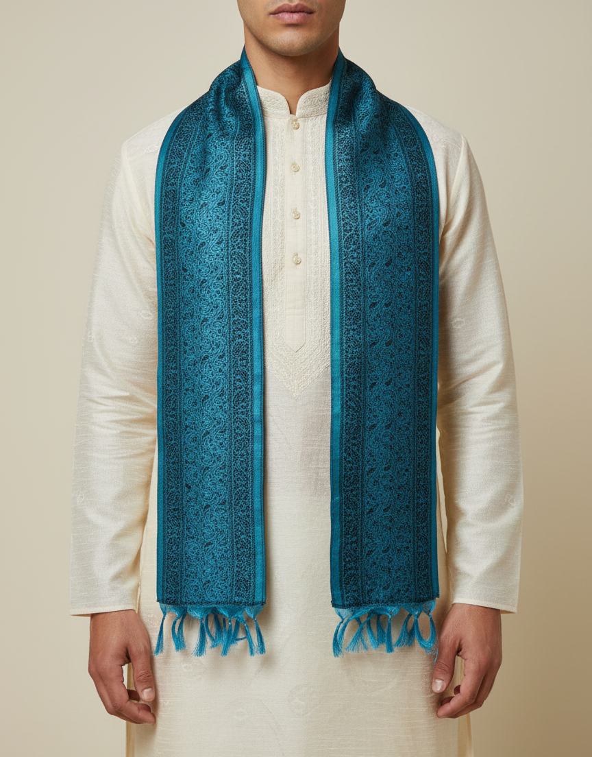 Teal blue Banarasi weave silk stole styled with kurta for wedding and Navratri
