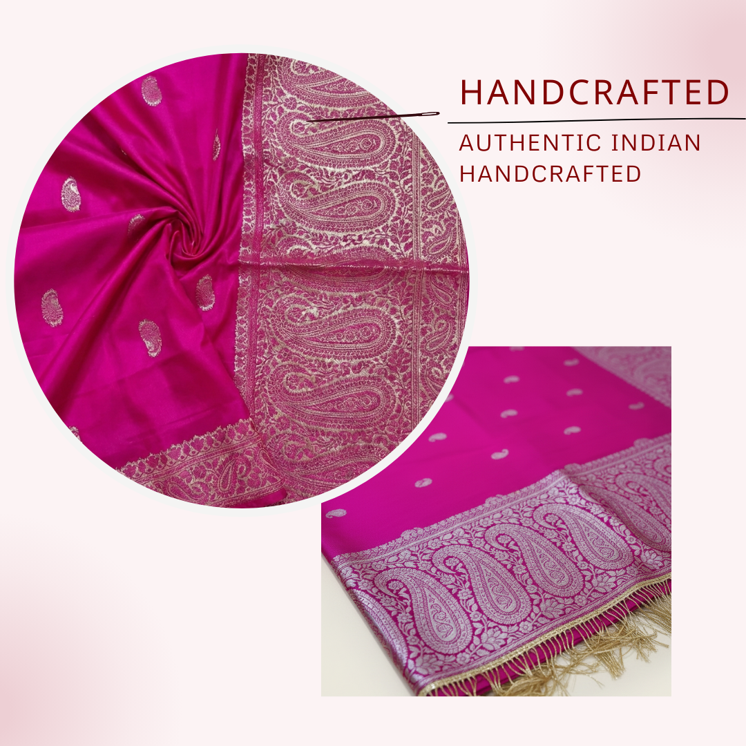 Traditional Banarasi zari detailing on pink silk stole close-up
