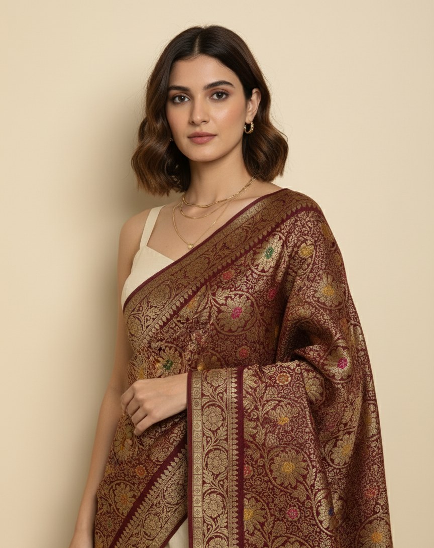 Traditional Deep Maroon Banarasi weave dupatta handcrafted in Banaras