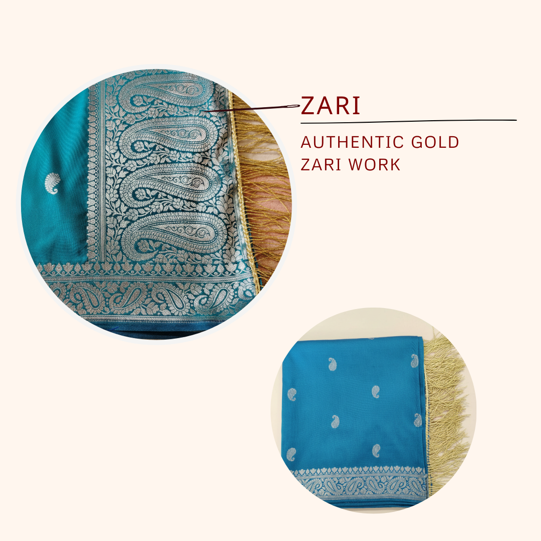 Traditional zari work detailing on blue Banarasi silk stole close-up

