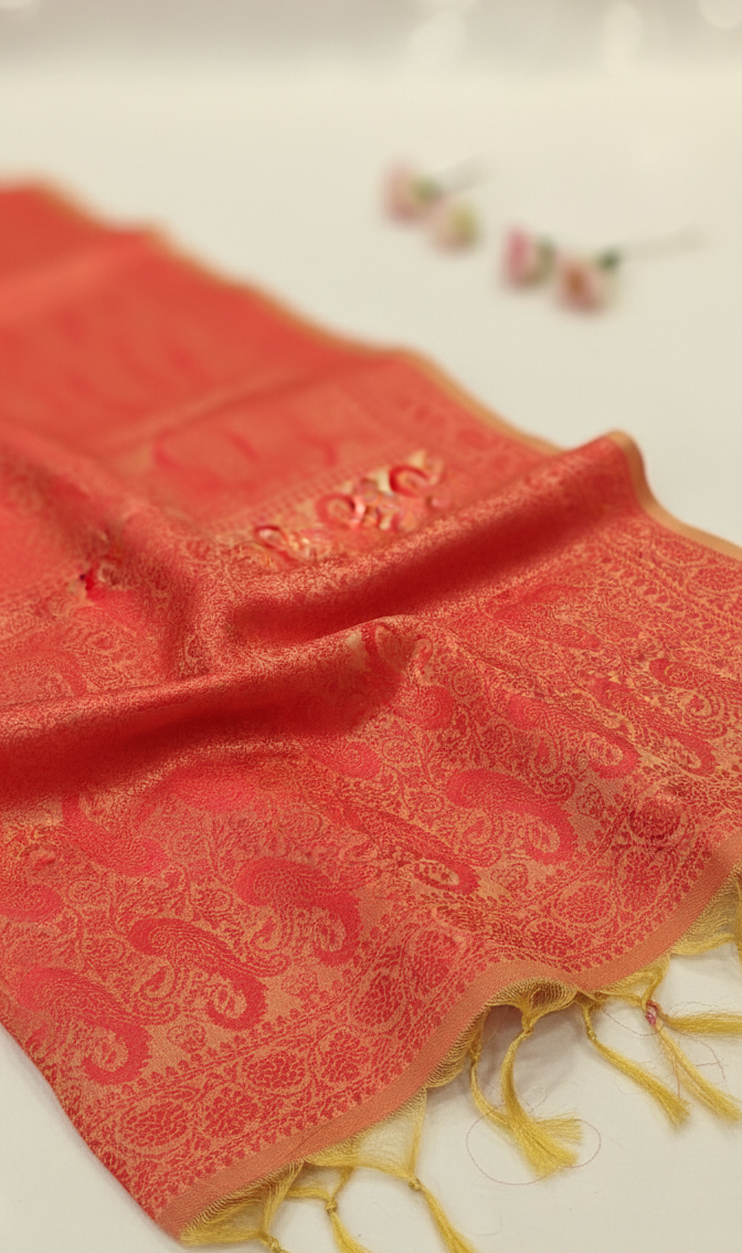 Vibrant coral silk stole draped lightweight Indian silk wrap for women