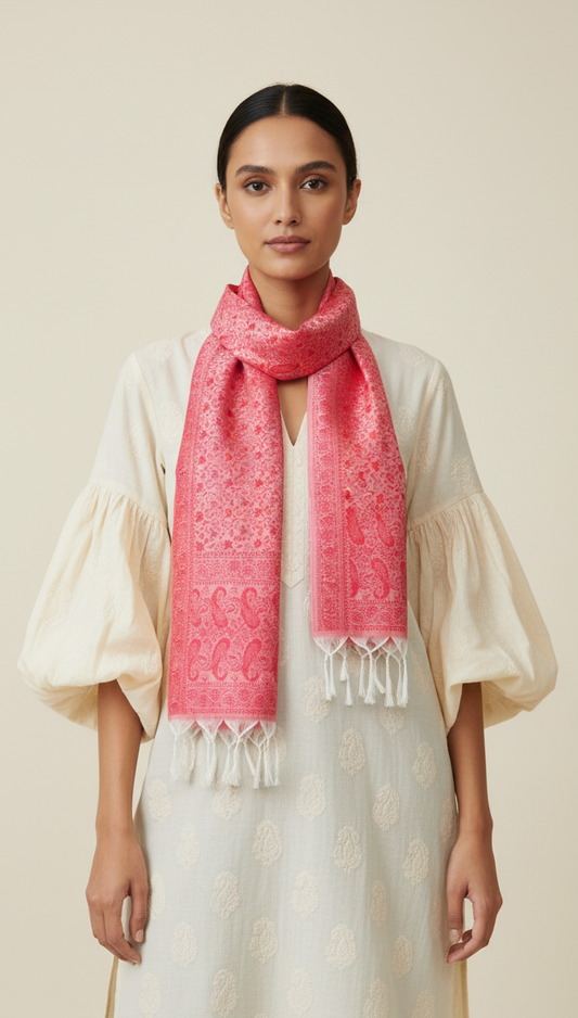Woman wearing a white kurta with a pink scarf against a beige background