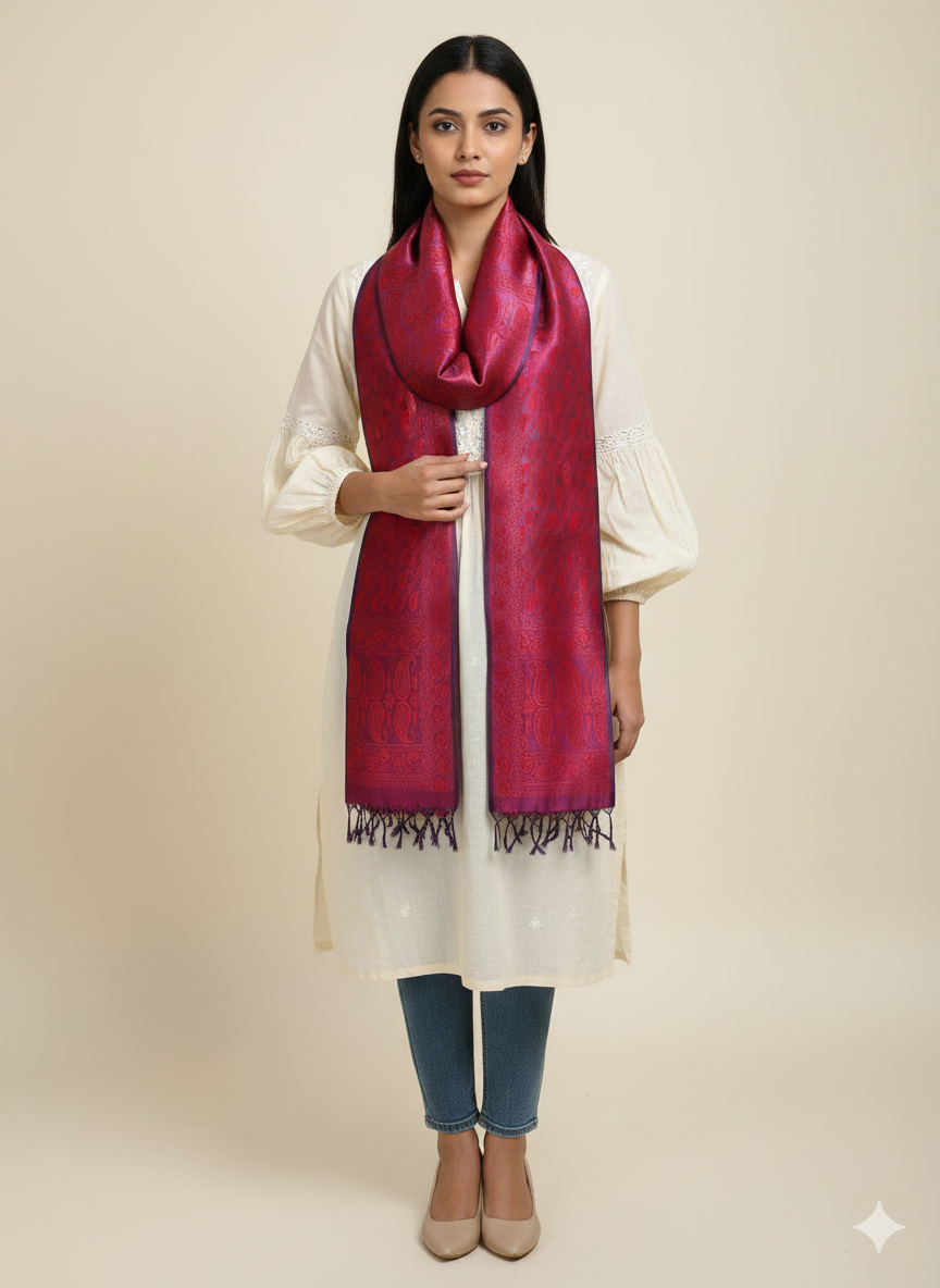 Banarasi silk stole in deep red – Sparsh of India