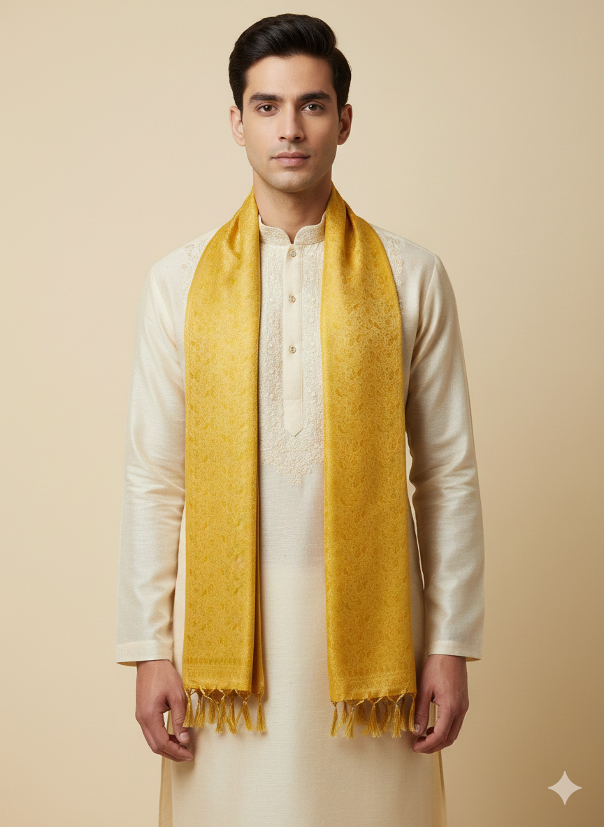 Lemon yellow Banarasi silk stole with intricate paisley weave, handcrafted Indian heritage gift – Sparsh of India